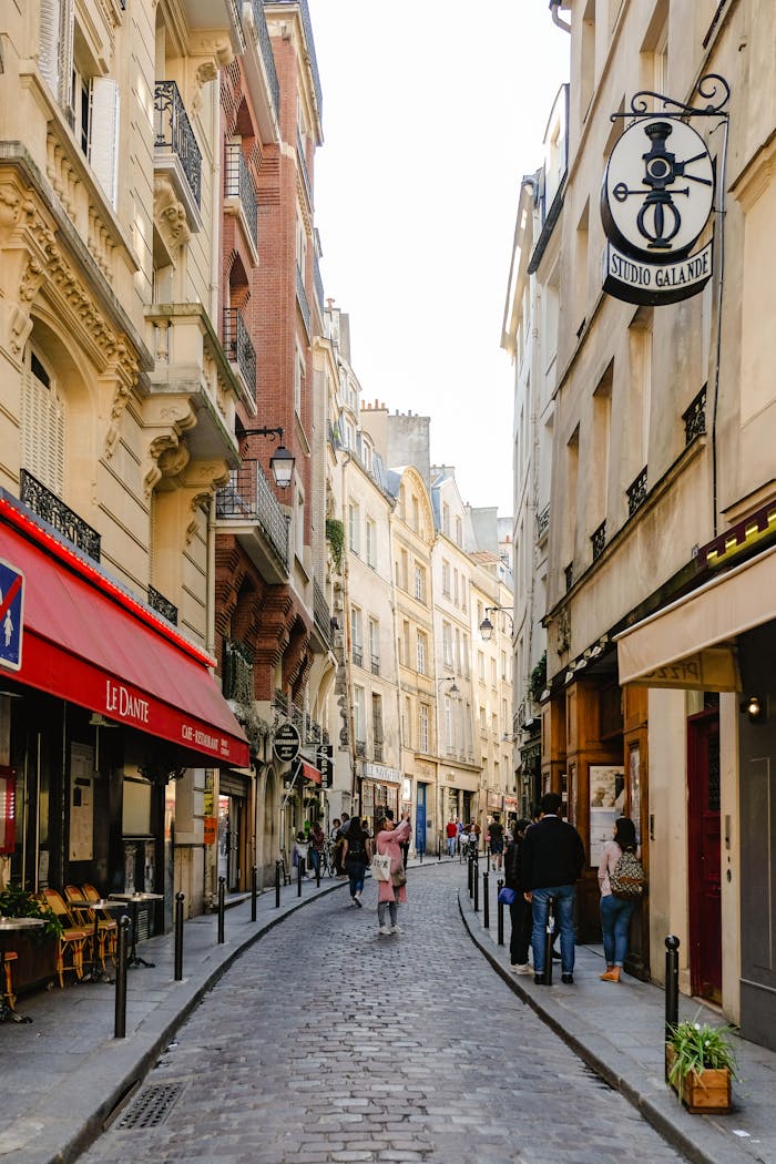 Quaint Paris street lined with historic buildings and shops, capturing a vibrant urban scene.
